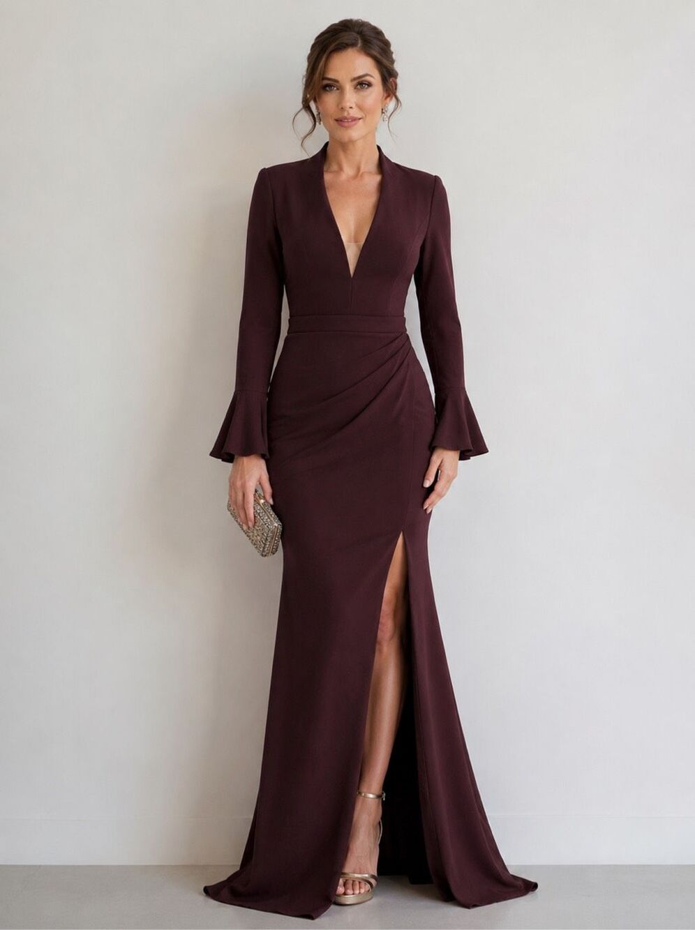 NWT Jovani Gown Sz 8 Plum Long Sleeve Sheath Wedding Guest Dress Pageant Formal